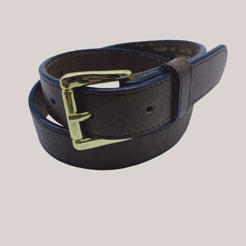 Vintage 1” Thin Genuine Leather Belt Kids S/M Rich Brown Gold Buckle 20